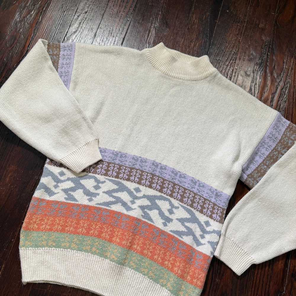 Vintage 90s Unionbay Sweater Womens L Cream Geometric Mock Neck Ramie Hong Kong